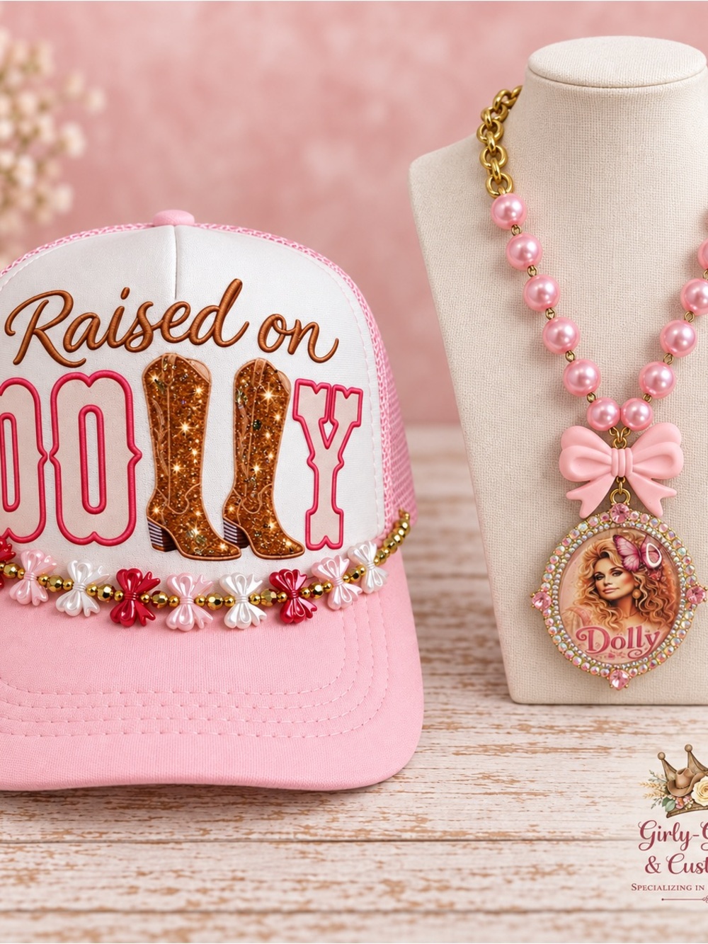Dolly Pink 'Raised on Dolly Embellished Trucker Hat & Dolly Necklace